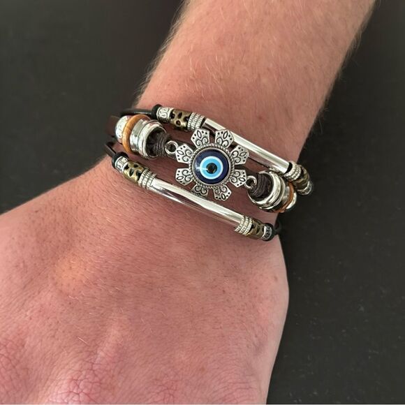 Men’s Protective Evil Eye Bracelet – Brown Leather, 8” - Picture 1 of 7
